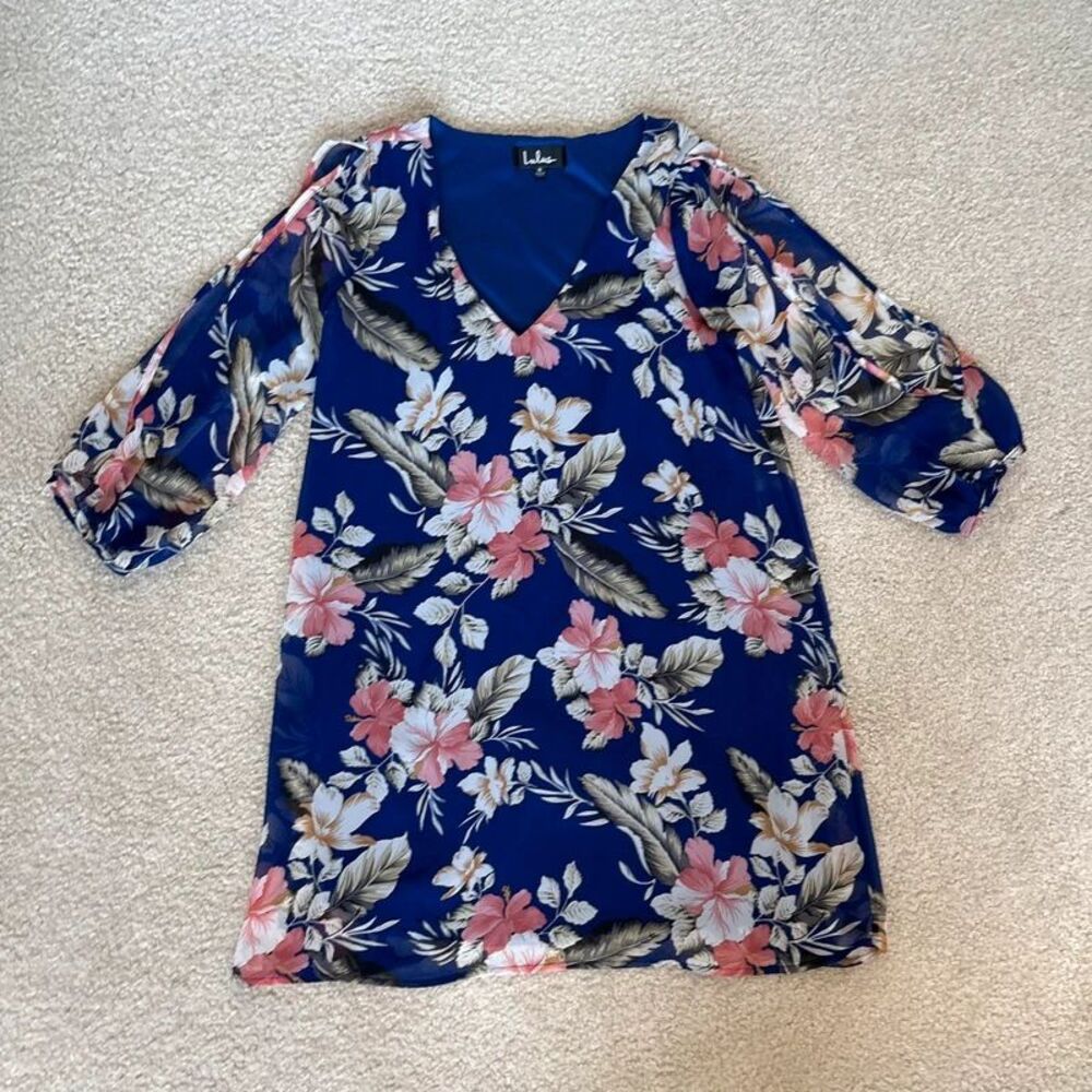 Lulu Shifting Dears Blue Floral Dress Small Sheer Open Sleeve
